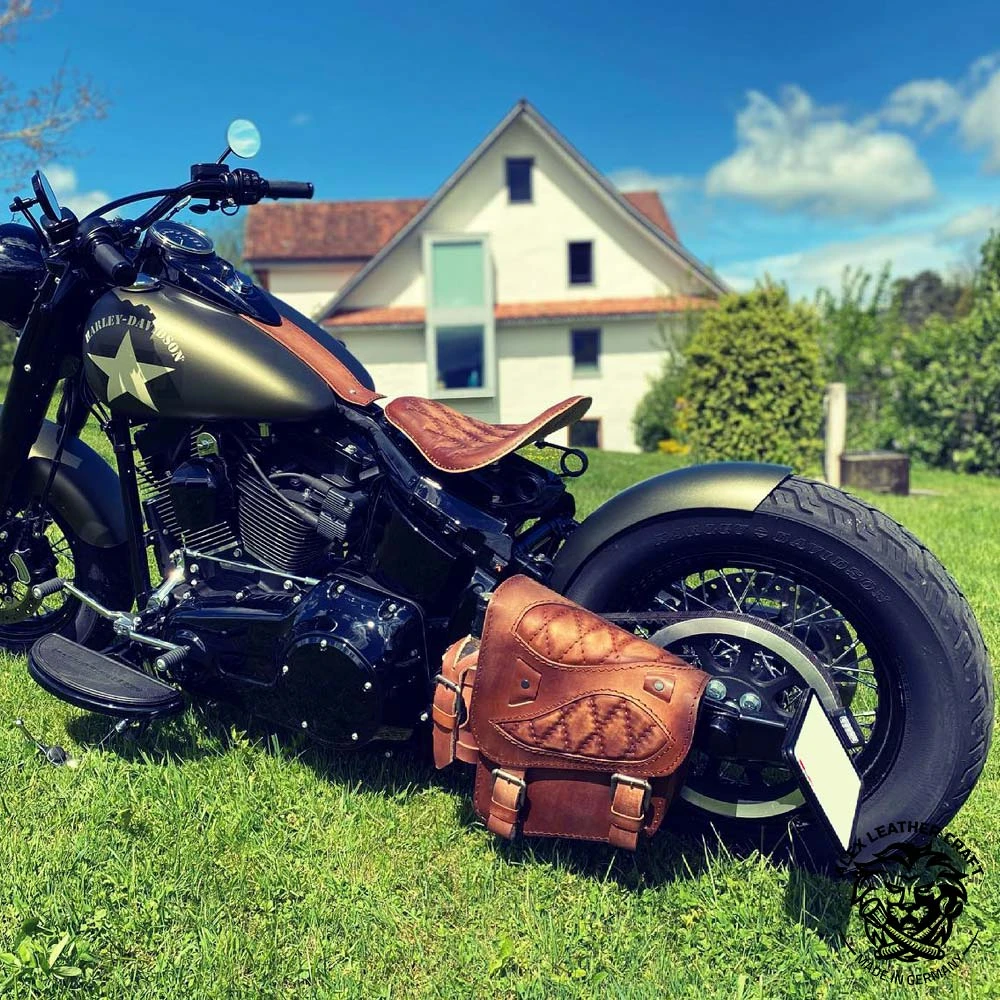 Motorrad Satteltasche Für Harley Davidson Softail Spider Rautenmuster Vintage Braun 4 Motorrad Satteltasche Für Harley Davidson Softail Spider Rautenmuster Vintage Braun – Bild 2